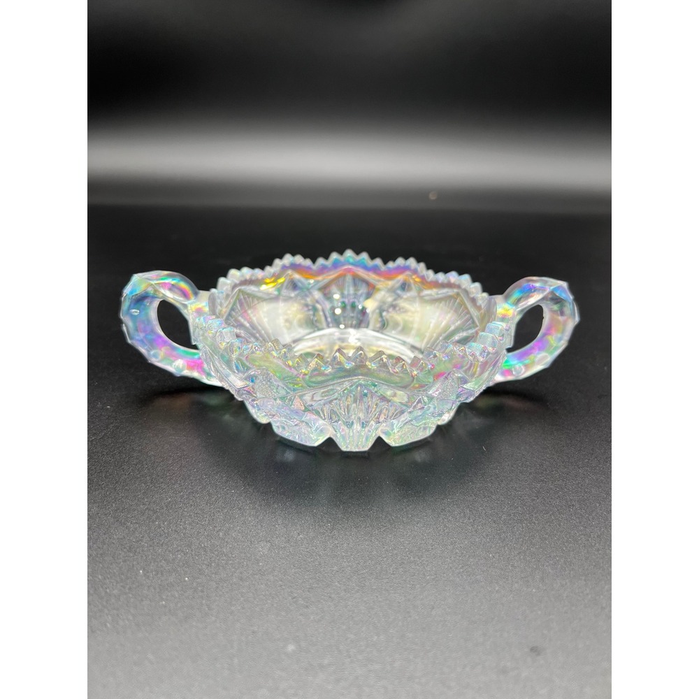 Vintage Iridescent Carnival Glass Sugar Bowl Double Handle Starburst Pattern 7in